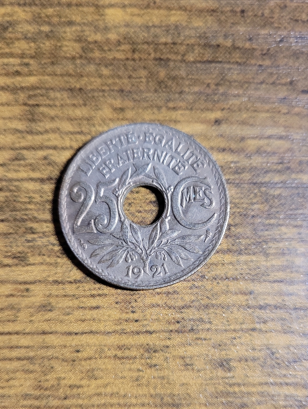 Vintage 1921 French 25 Centimes Hole Coin - Brown Finish